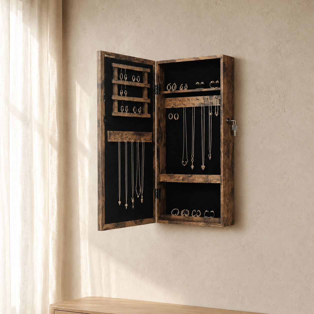 Armoire À Bijoux Murale Bois Foncé Avec Miroir presente en situation avec vase de fleurs sechees en arriere-plan Image
