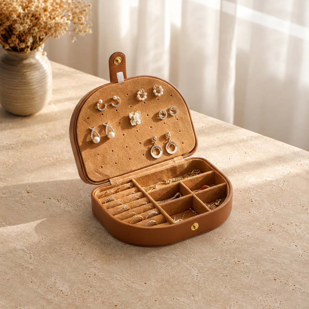 Boîte à bijoux cuir nomade compact cognac ouverte avec bijoux