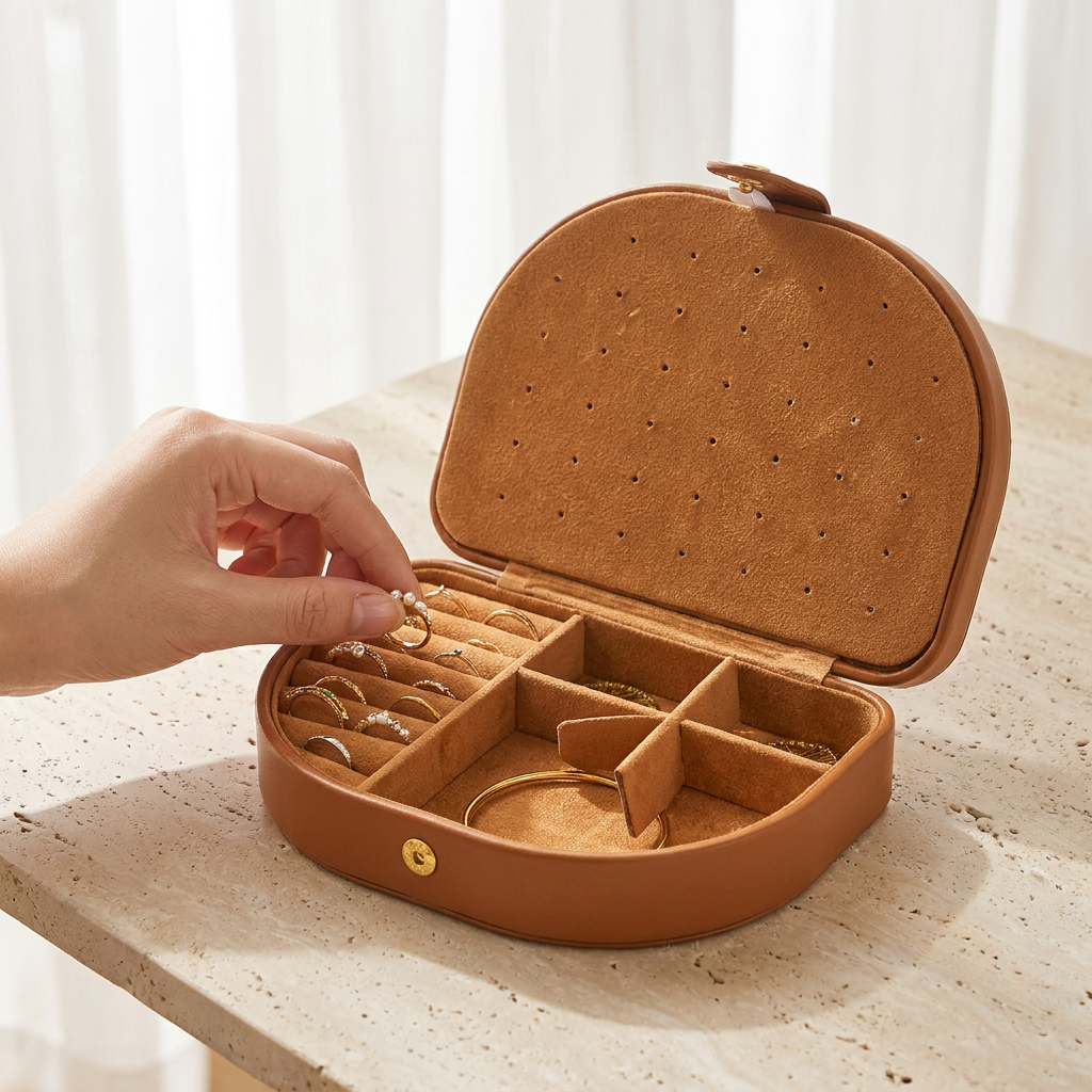 Boîte à bijoux cuir nomade compact cognac ouverte tenue en main