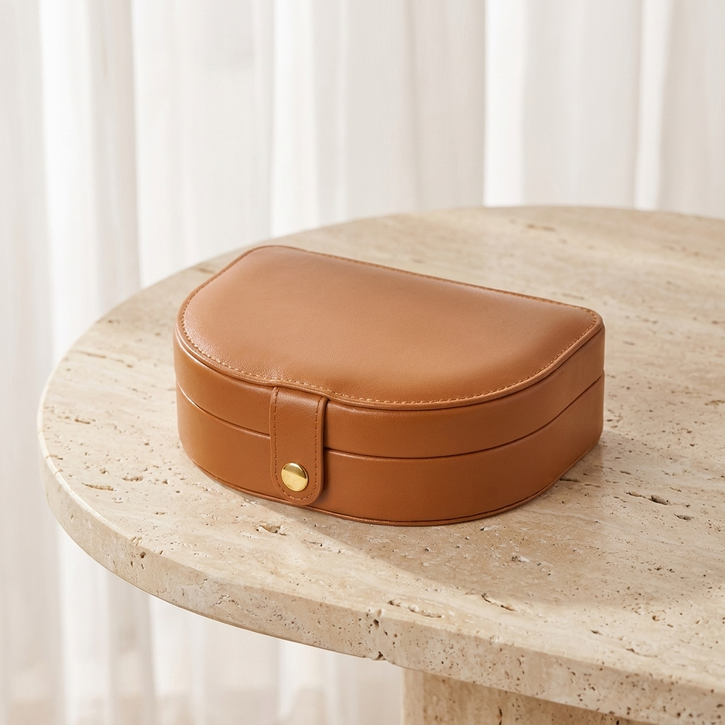 Boîte à bijoux cuir nomade compact cognac fermée