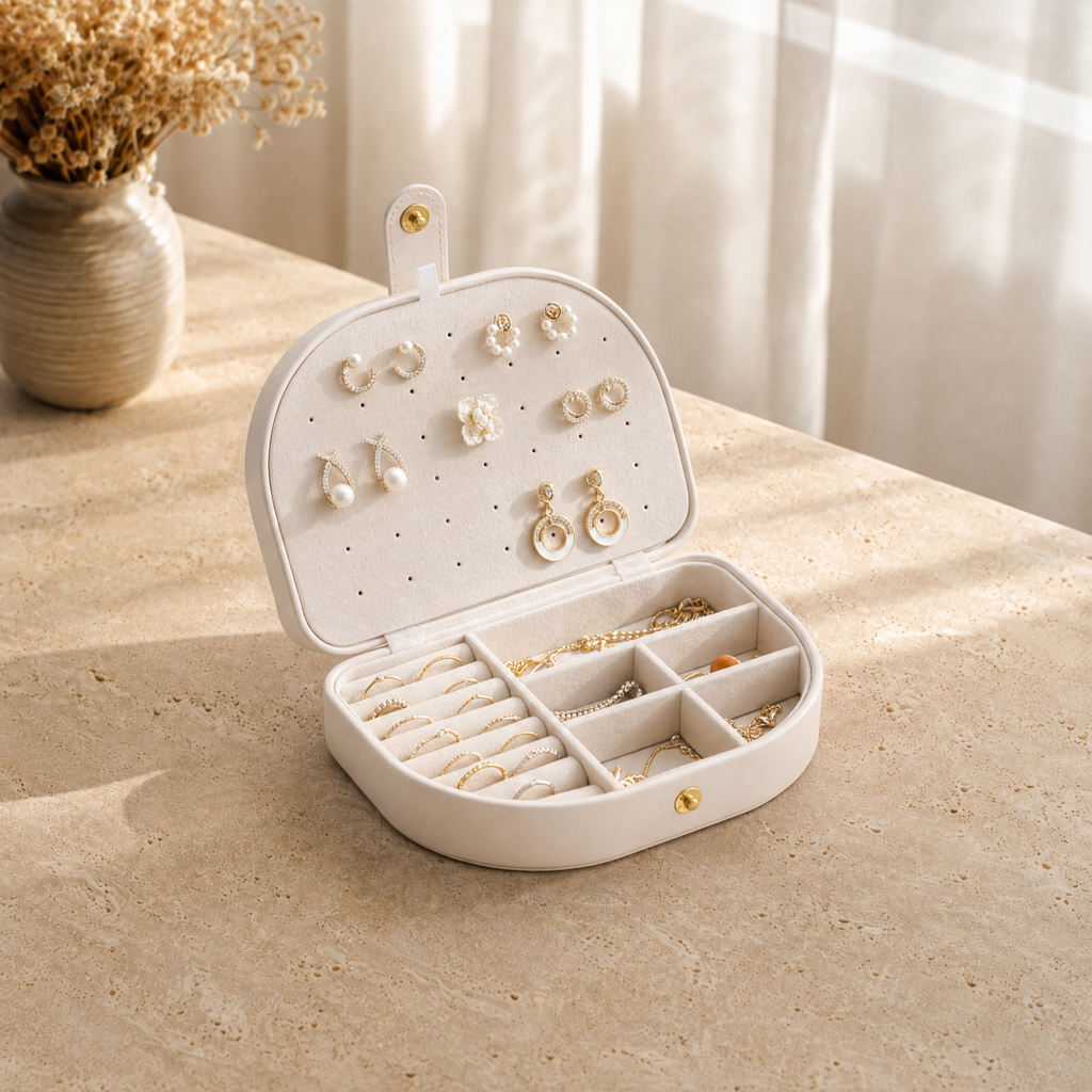 Boîte à bijoux cuir nomade compact blanc ouverte avec bijoux