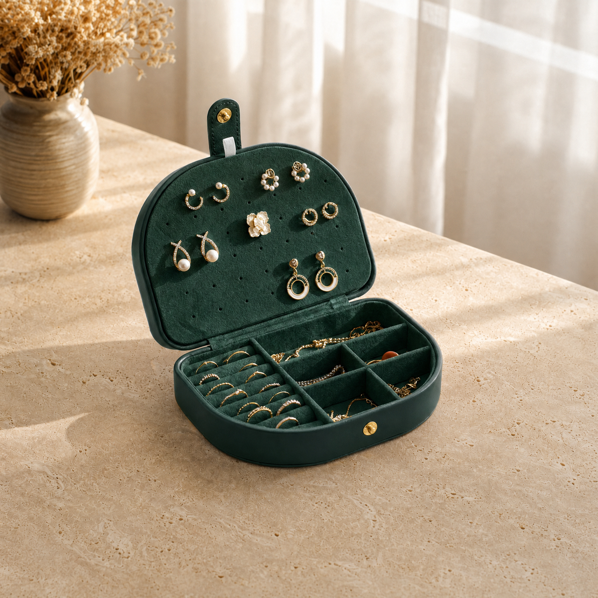 Boîte à bijoux cuir nomade compact vert ouverte avec bijoux