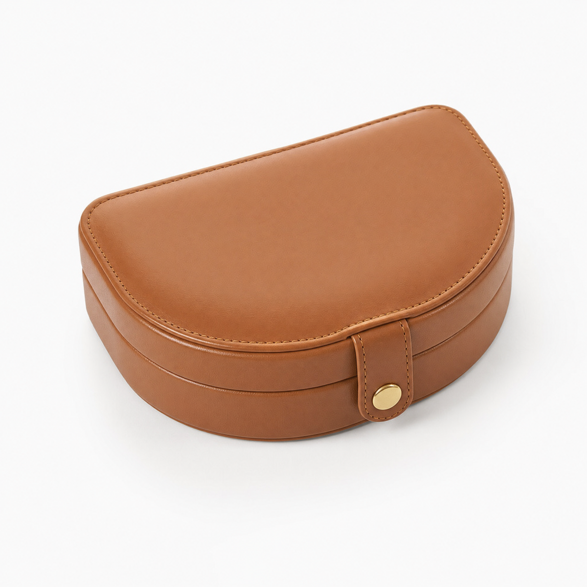 Boîte à bijoux cuir nomade compact cognac fermée fond blanc