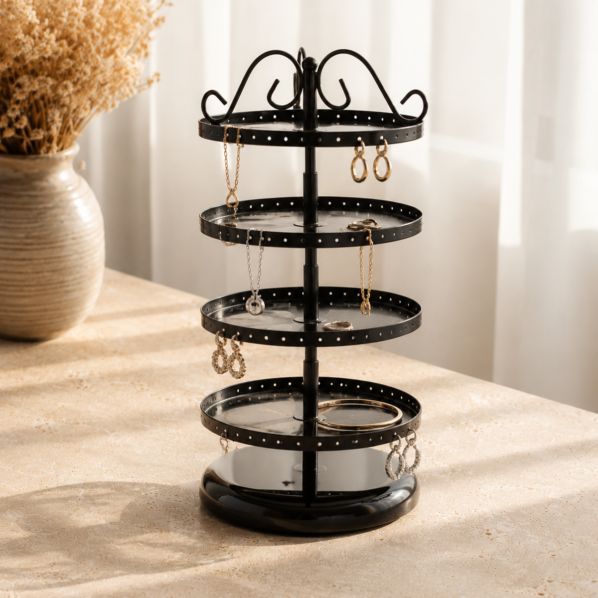 Presentoir rotatif boucles d'oreilles 4 niveaux noir - decor vase fleurs sechees