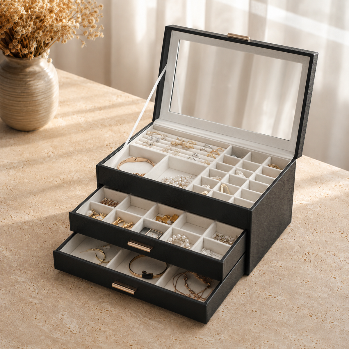 Boîte À Bijoux Cuir Raffiné 2 Tiroirs