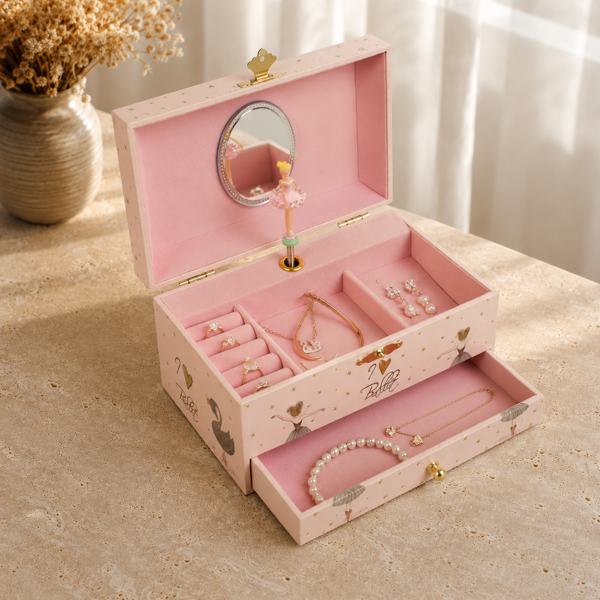 Boite a bijoux musicale ballerine avec miroir - decor vase fleurs sechees