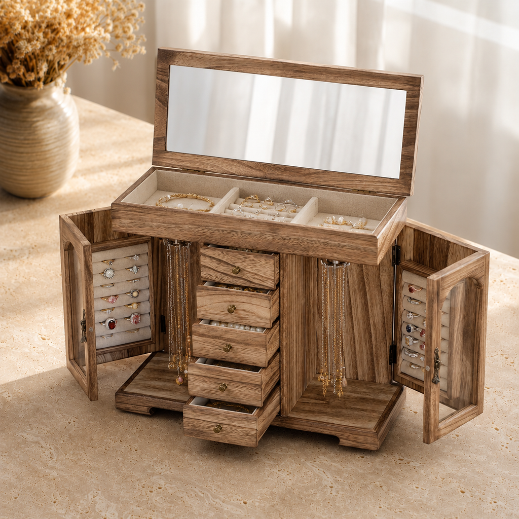 Boite a bijoux en bois naturel avec miroir - decor vase fleurs sechees