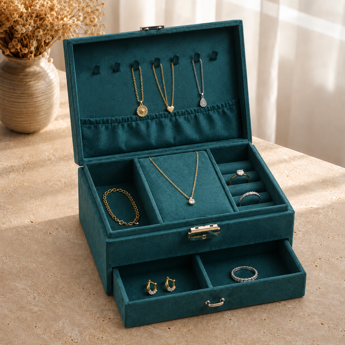 Boite a bijoux a tiroir en velours vert sapin - decor vase fleurs sechees