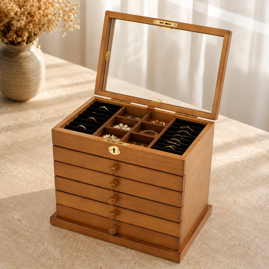 Boite a bijoux en bois 6 tiroirs - vue ouverte