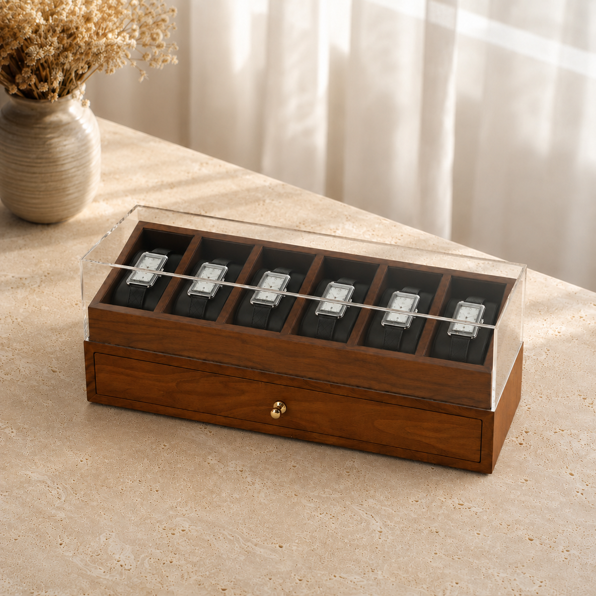 Boite a bijoux et montres en bois gris - decor vase fleurs sechees