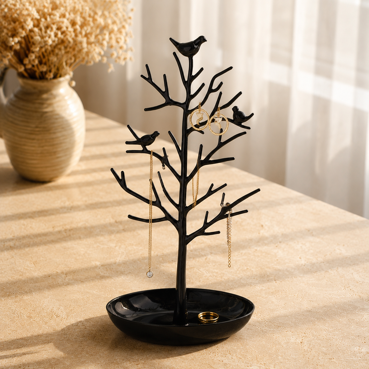 Arbre a bijoux avec oiseaux noir - decor vase fleurs sechees