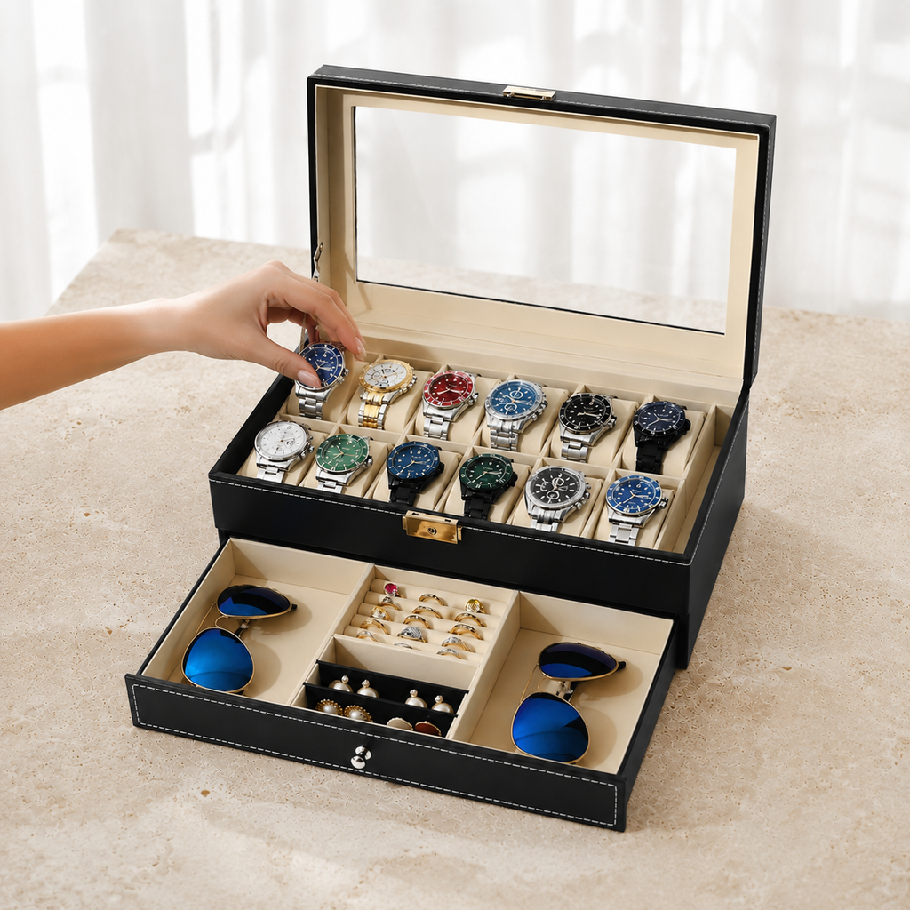 Boîte À Montres 12 Slots Cuir Premium Avec Tiroir Bijoux