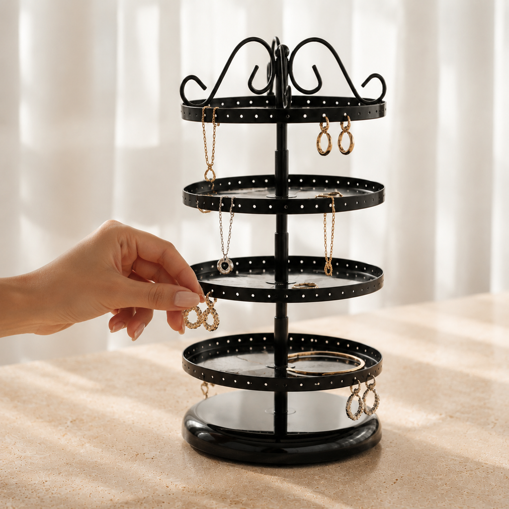 Presentoir rotatif boucles d'oreilles 4 niveaux noir - mise en main