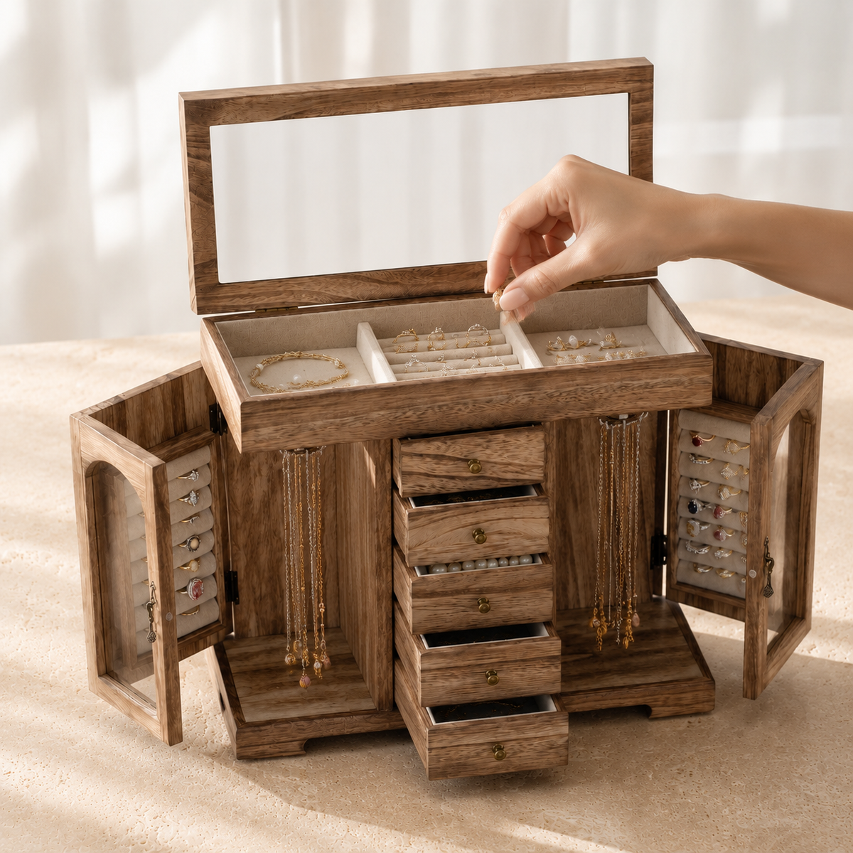 Boite a bijoux en bois naturel avec miroir - mise en main