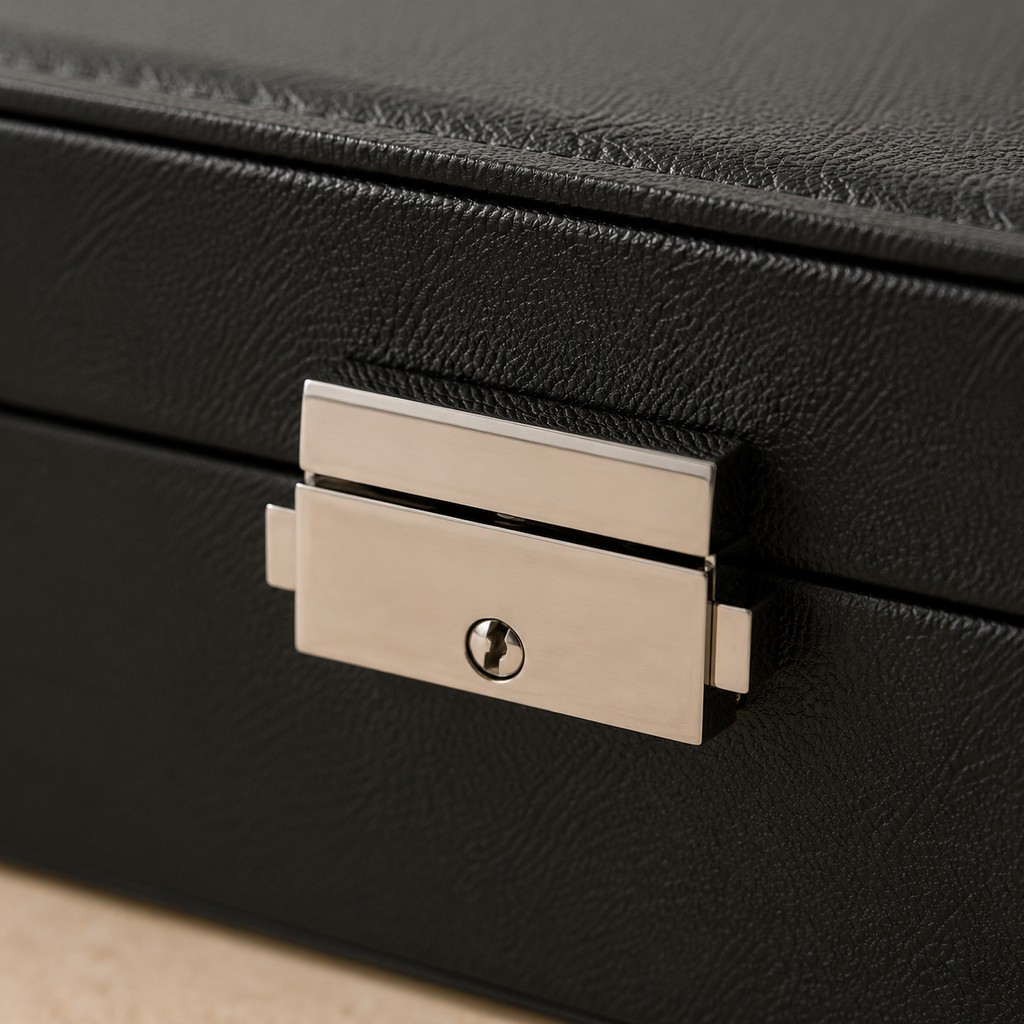 Boite a bijoux cuir noir - detail fermoir