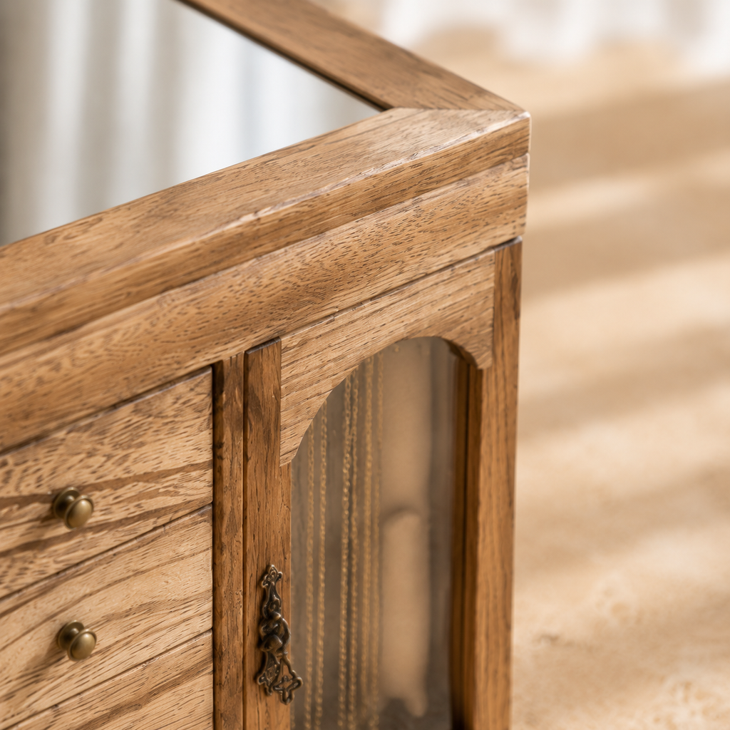 Boite a bijoux en bois naturel avec miroir - detail charniere