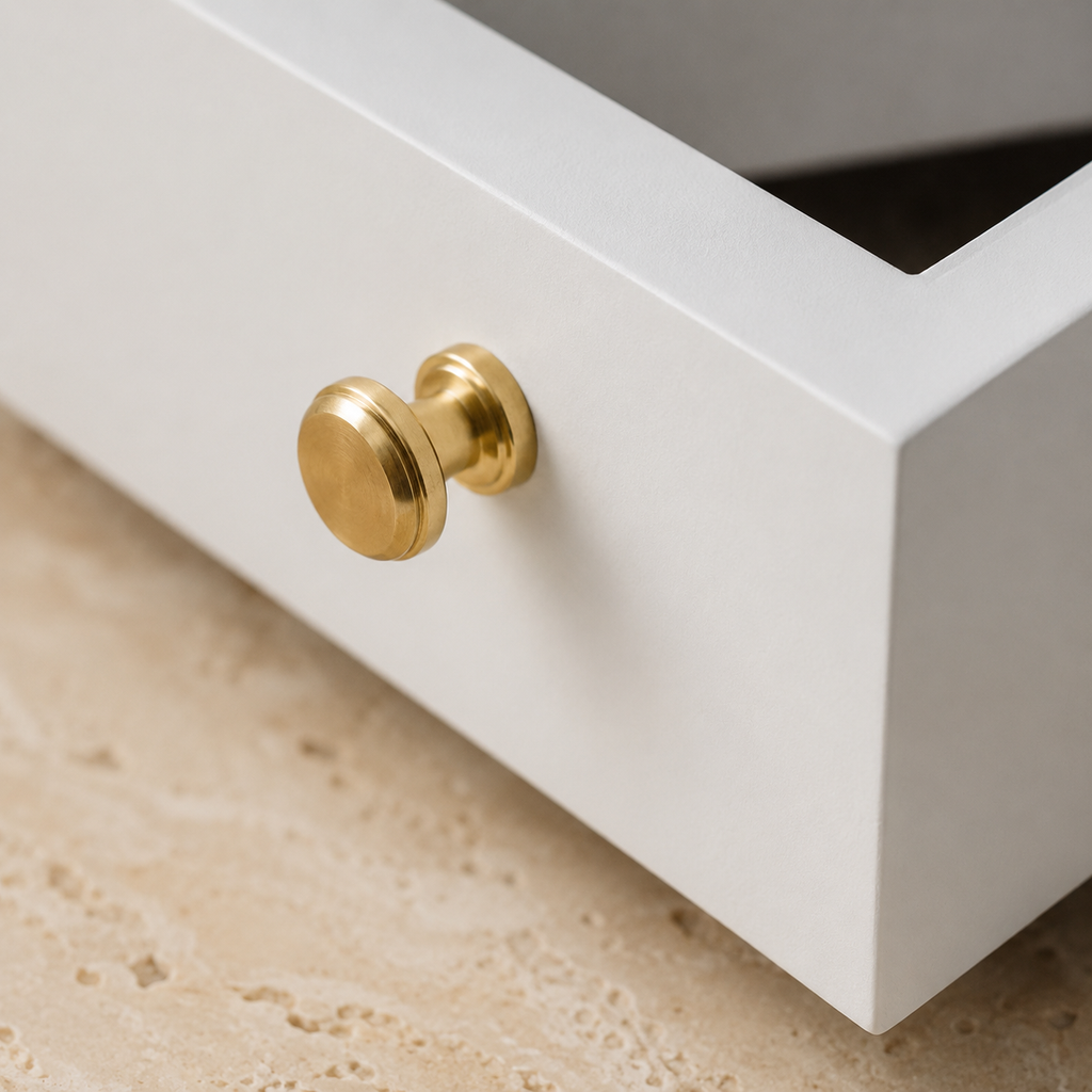 Grande boite a bijoux en bois blanc avec miroir - detail poignee tiroir