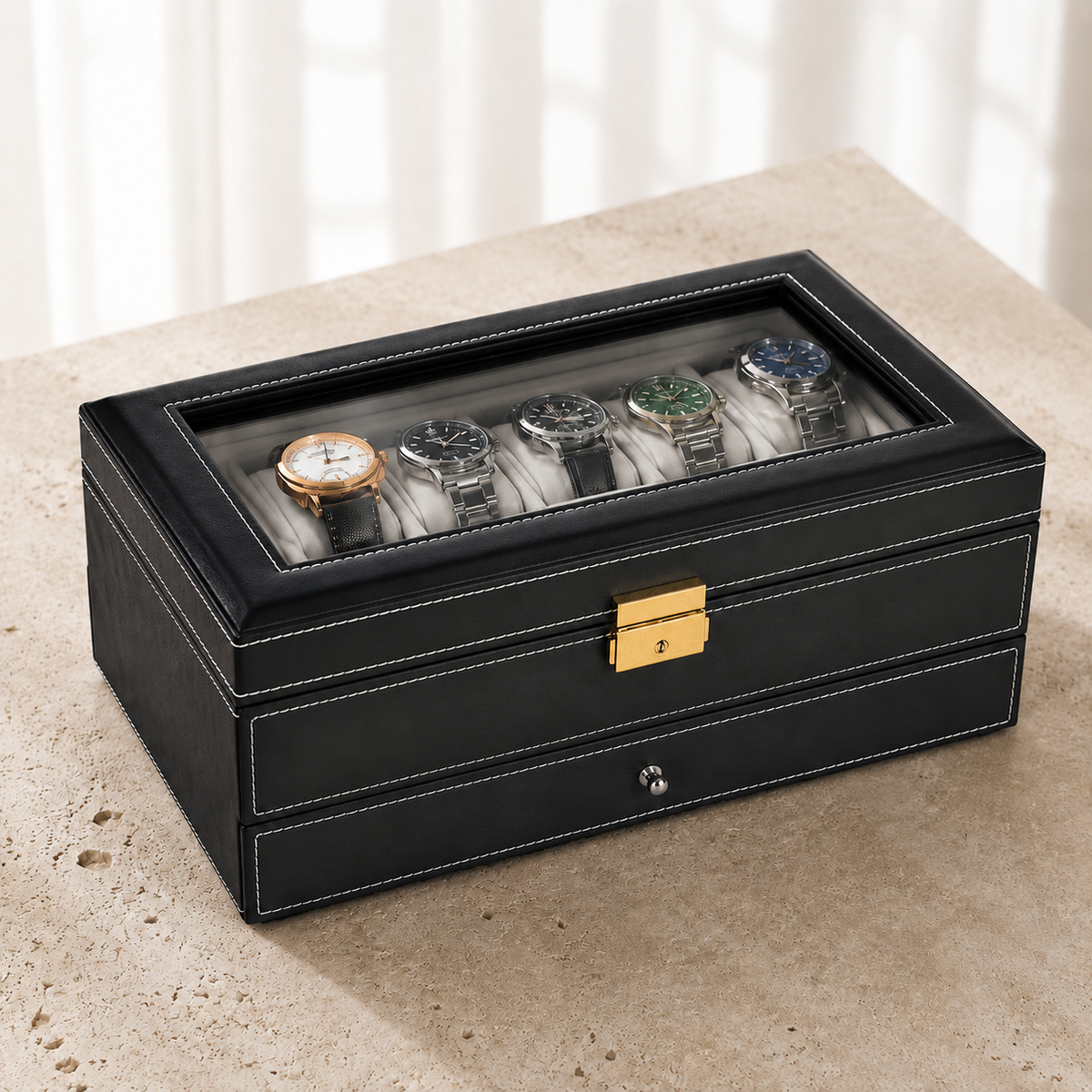 Boîte À Montres 12 Slots Cuir Premium Avec Tiroir Bijoux
