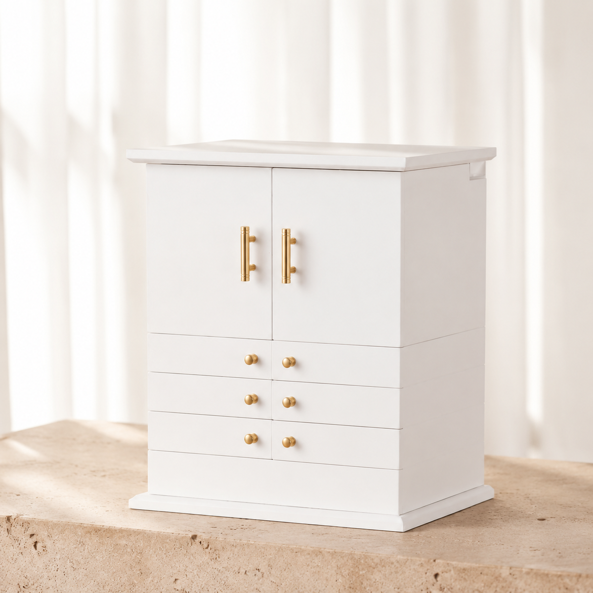 Grande boite a bijoux en bois blanc avec miroir - boite fermee