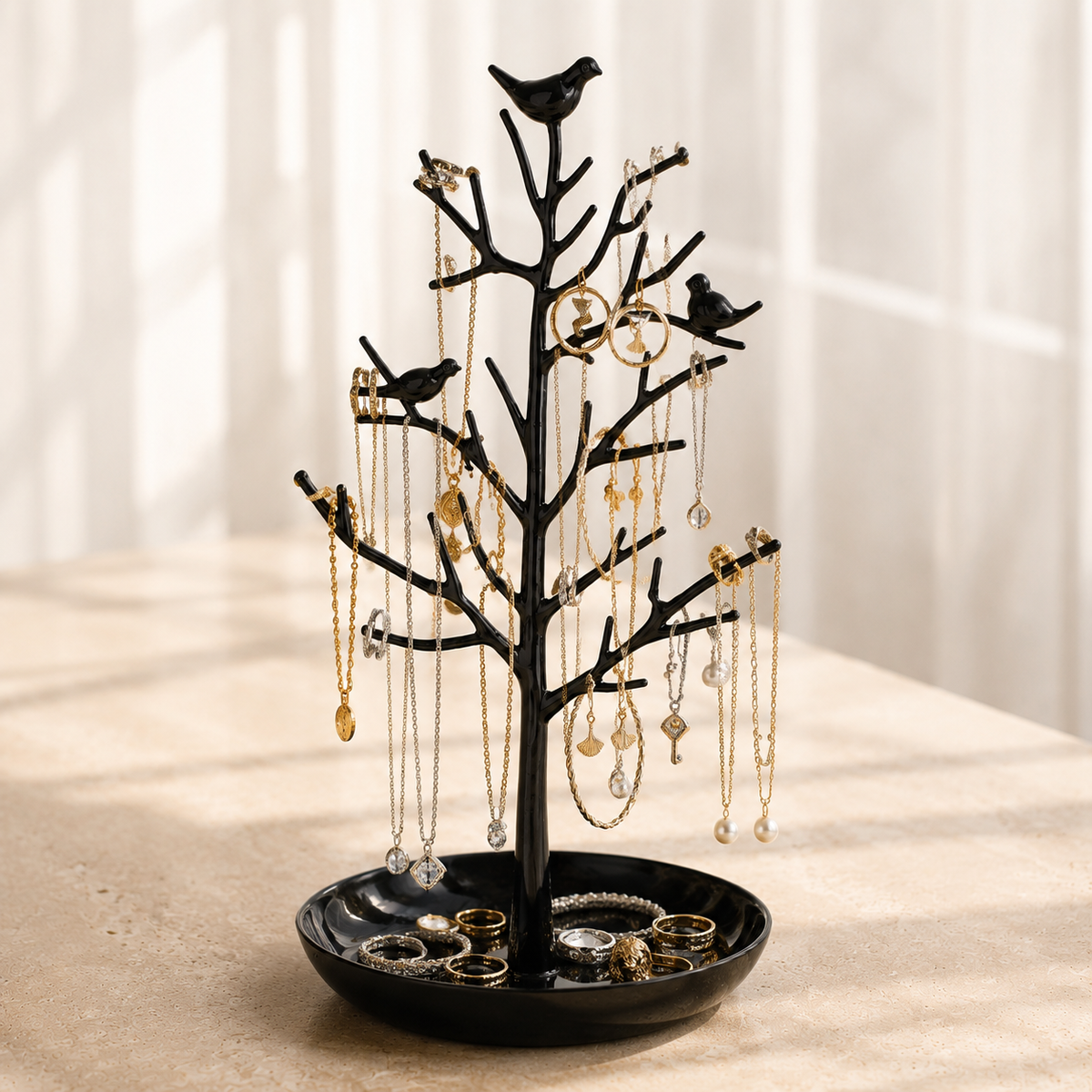 Arbre a bijoux avec oiseaux noir - charge complete de bijoux