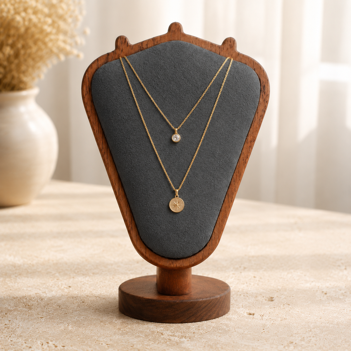 Support bijoux colliers bois gris - vue angle