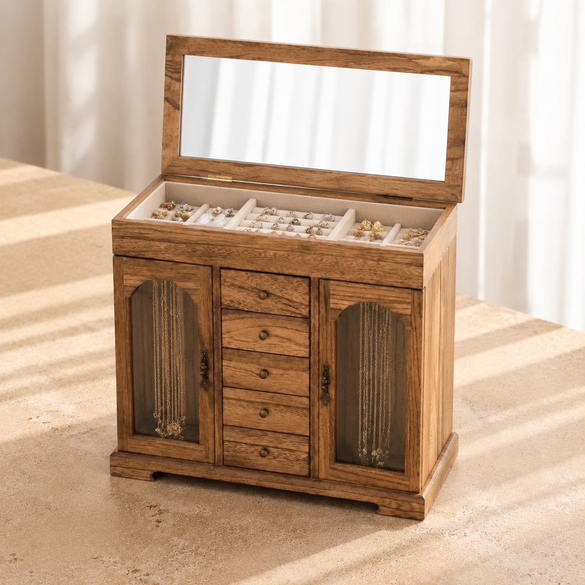 Boite a bijoux en bois naturel avec miroir - boite fermee