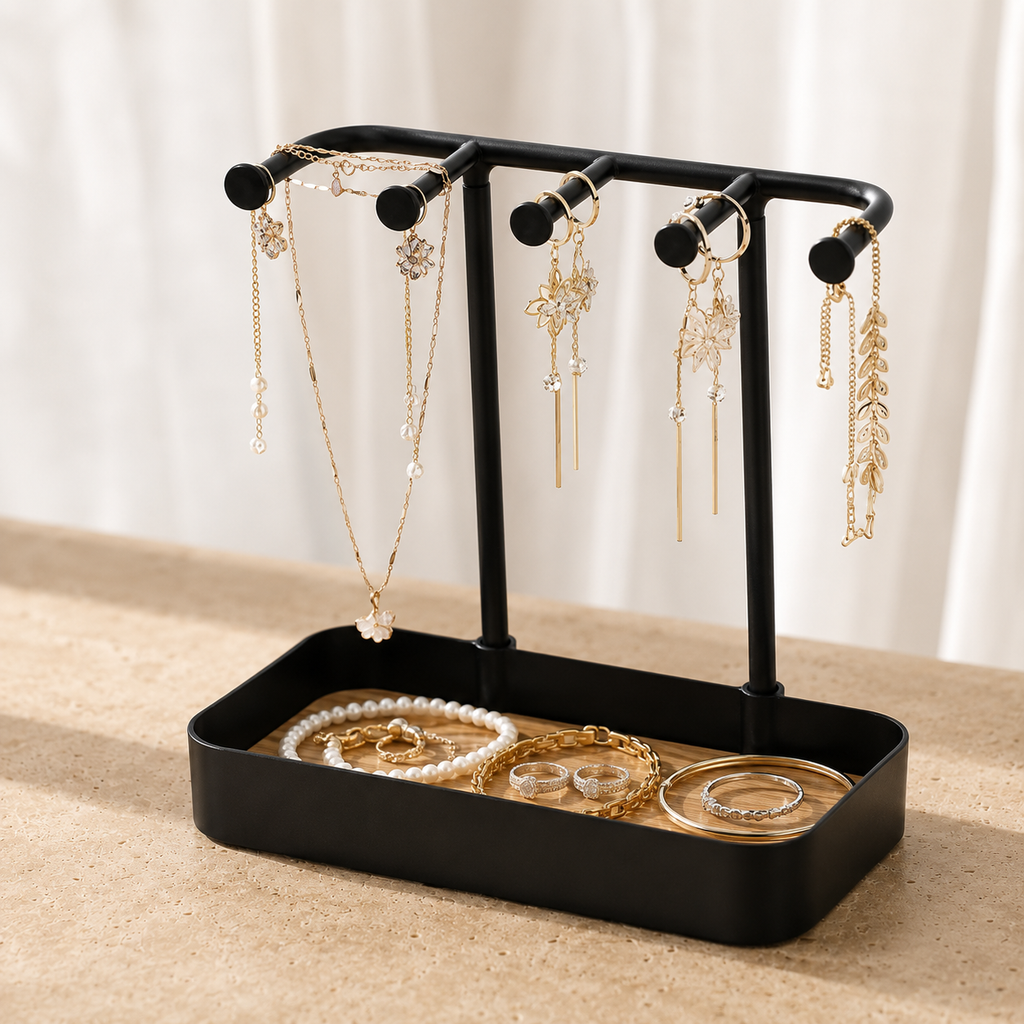 Presentoir bijoux bois moderne avec tiroir noir - vue angle