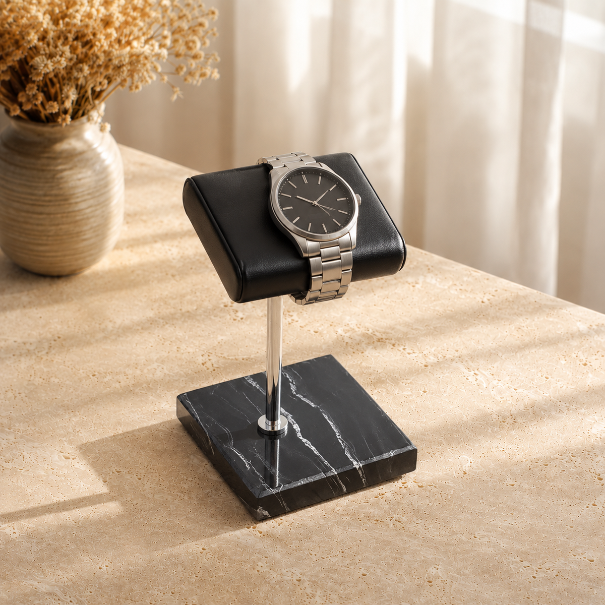 Support montre et bracelet en marbre variante noire - decor vase fleurs sechees