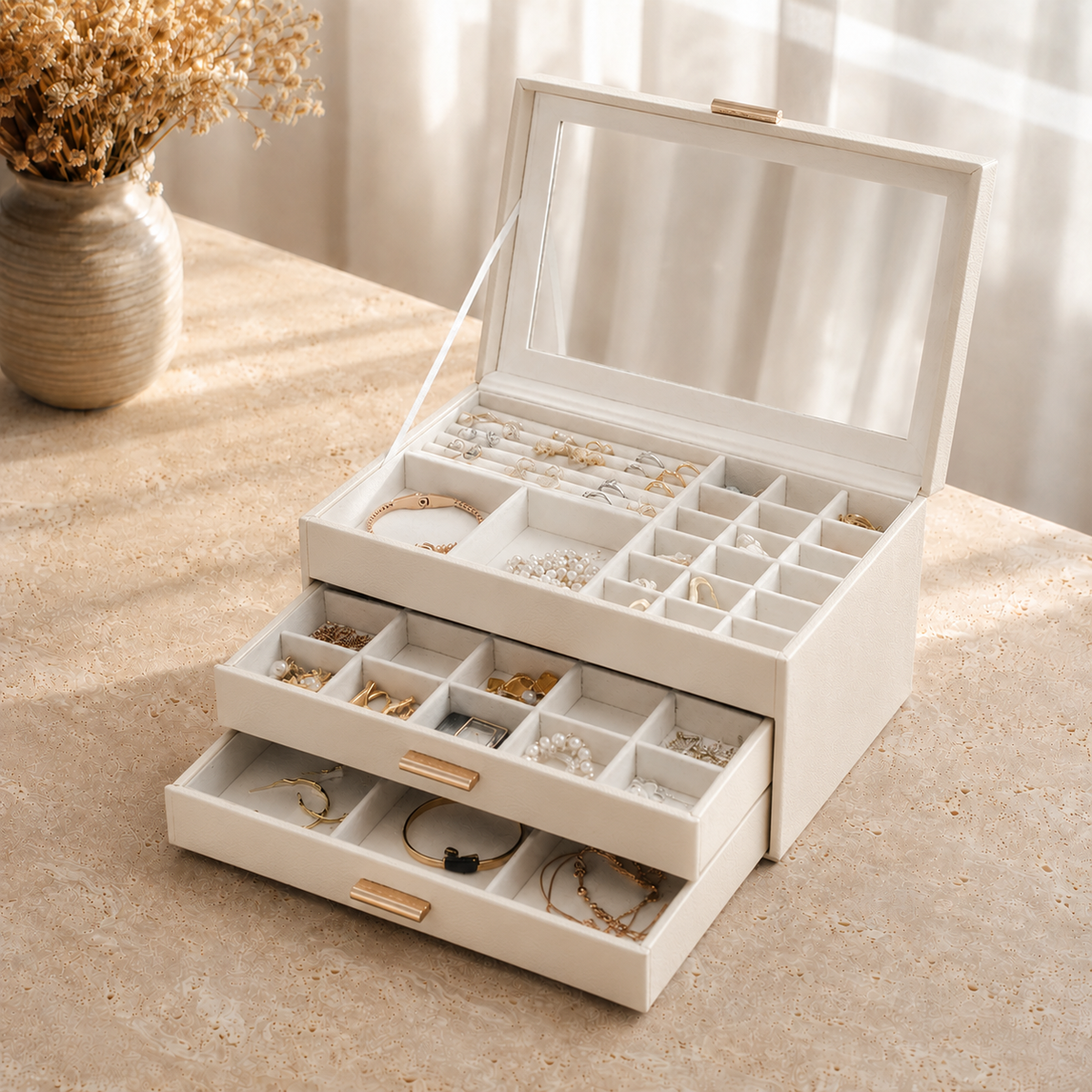 Boîte À Bijoux Cuir Raffiné 2 Tiroirs