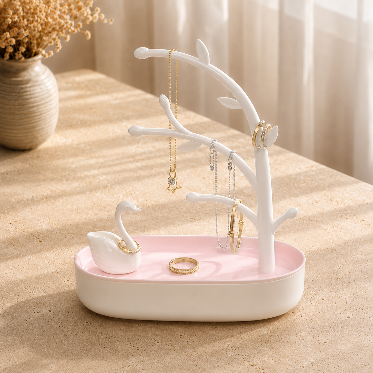 Arbre a bijoux avec cygne rose - vue decor