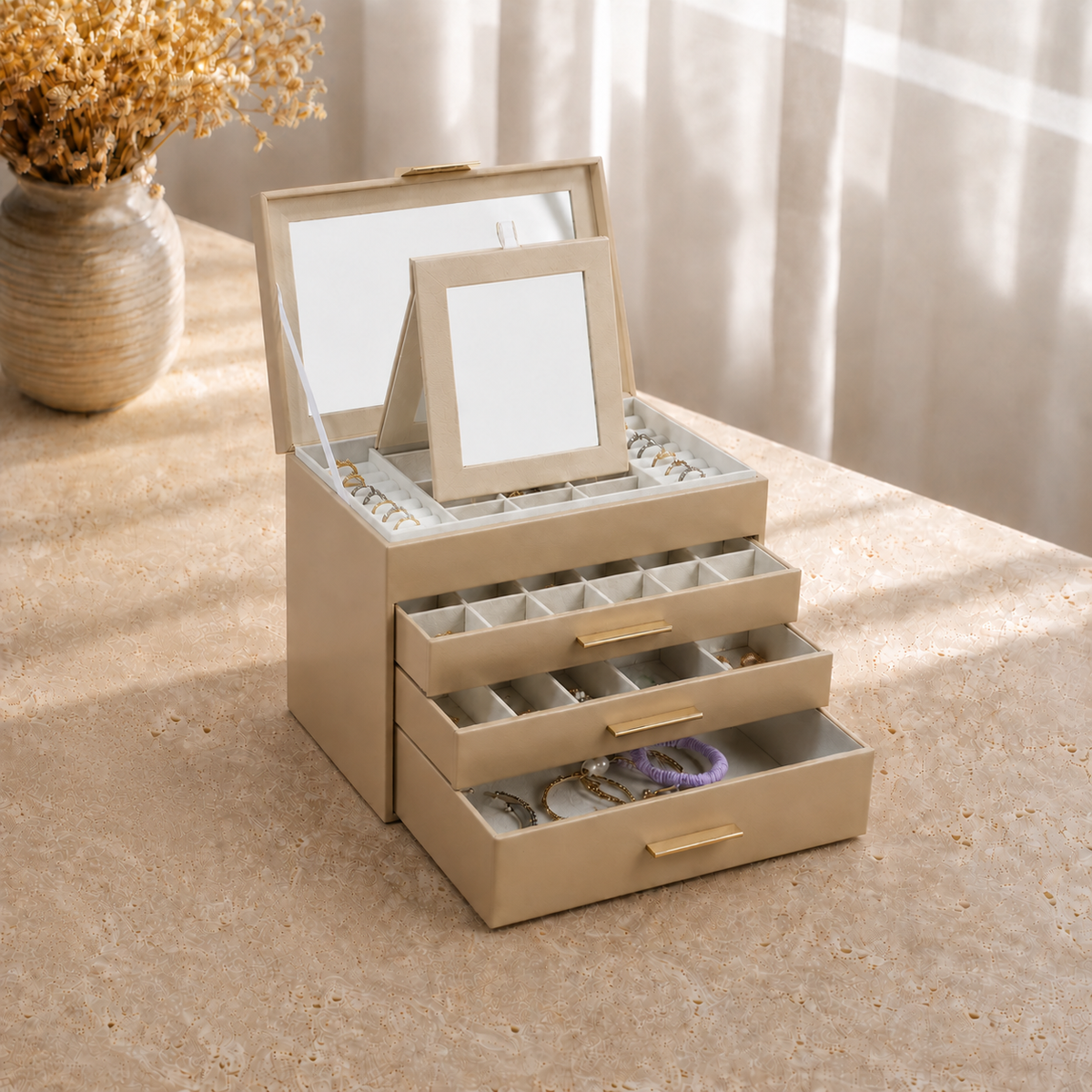 Boite a bijoux avec miroir beige - decor vase fleurs sechees