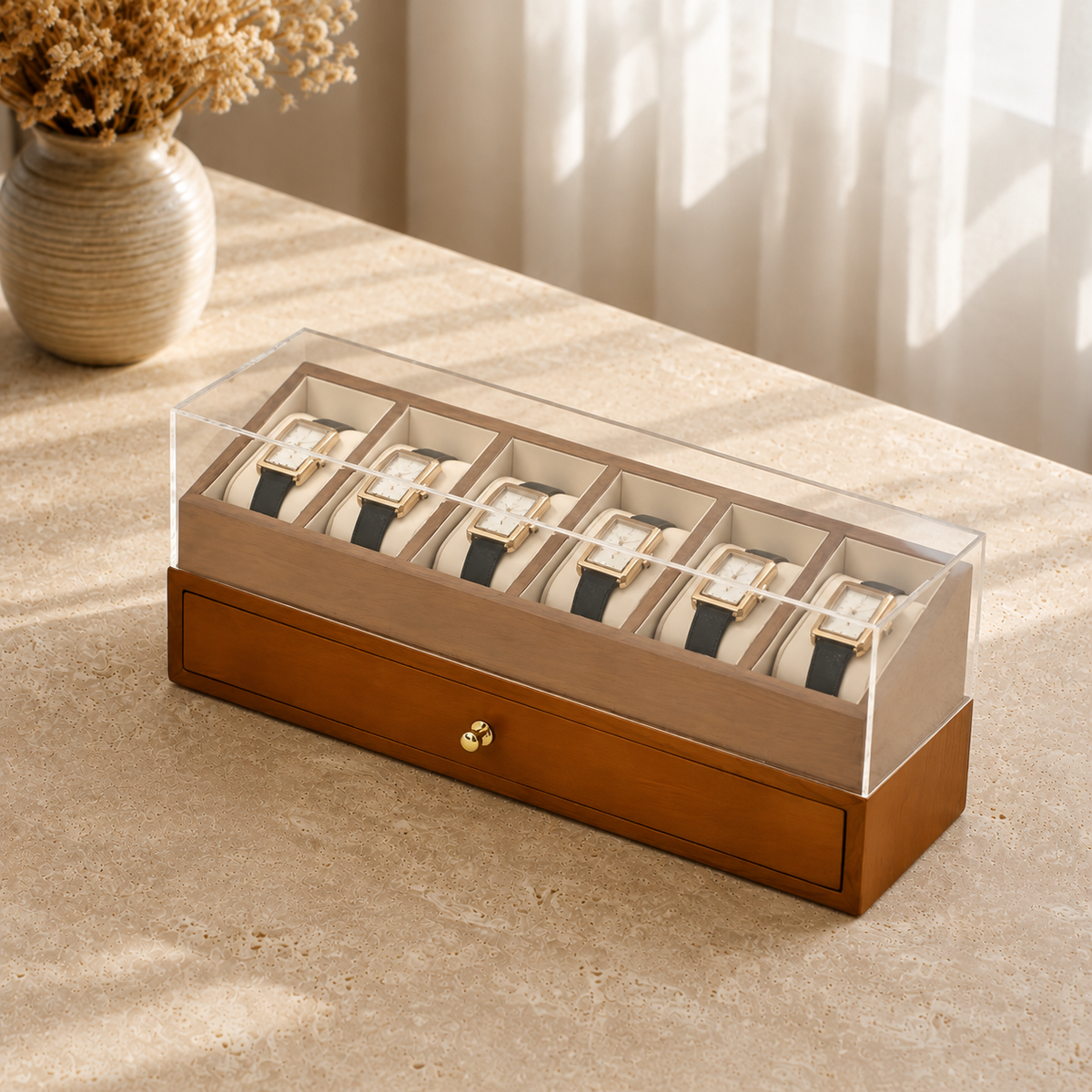 Boite a bijoux et montres en bois beige - decor vase fleurs sechees