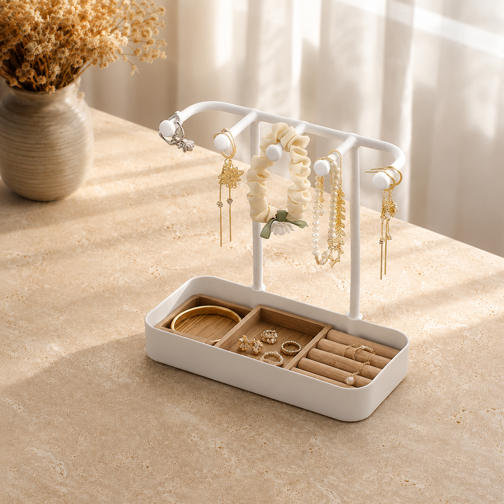 Presentoir bijoux bois moderne avec tiroir blanc - decor vase fleurs sechees