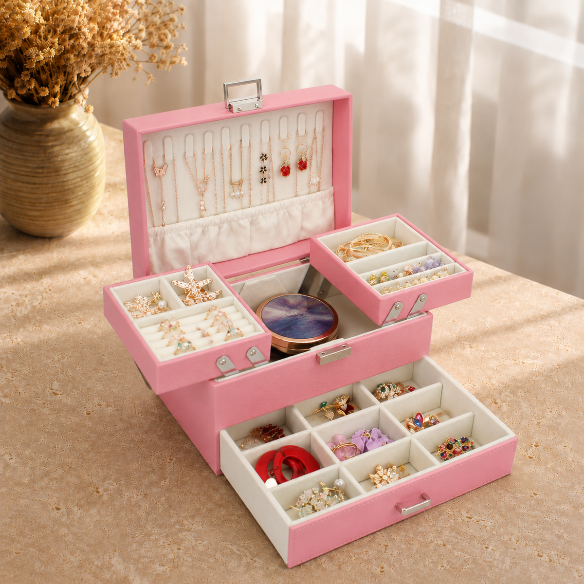 Boite a bijoux multi-niveaux en cuir rose - decor vase fleurs sechees
