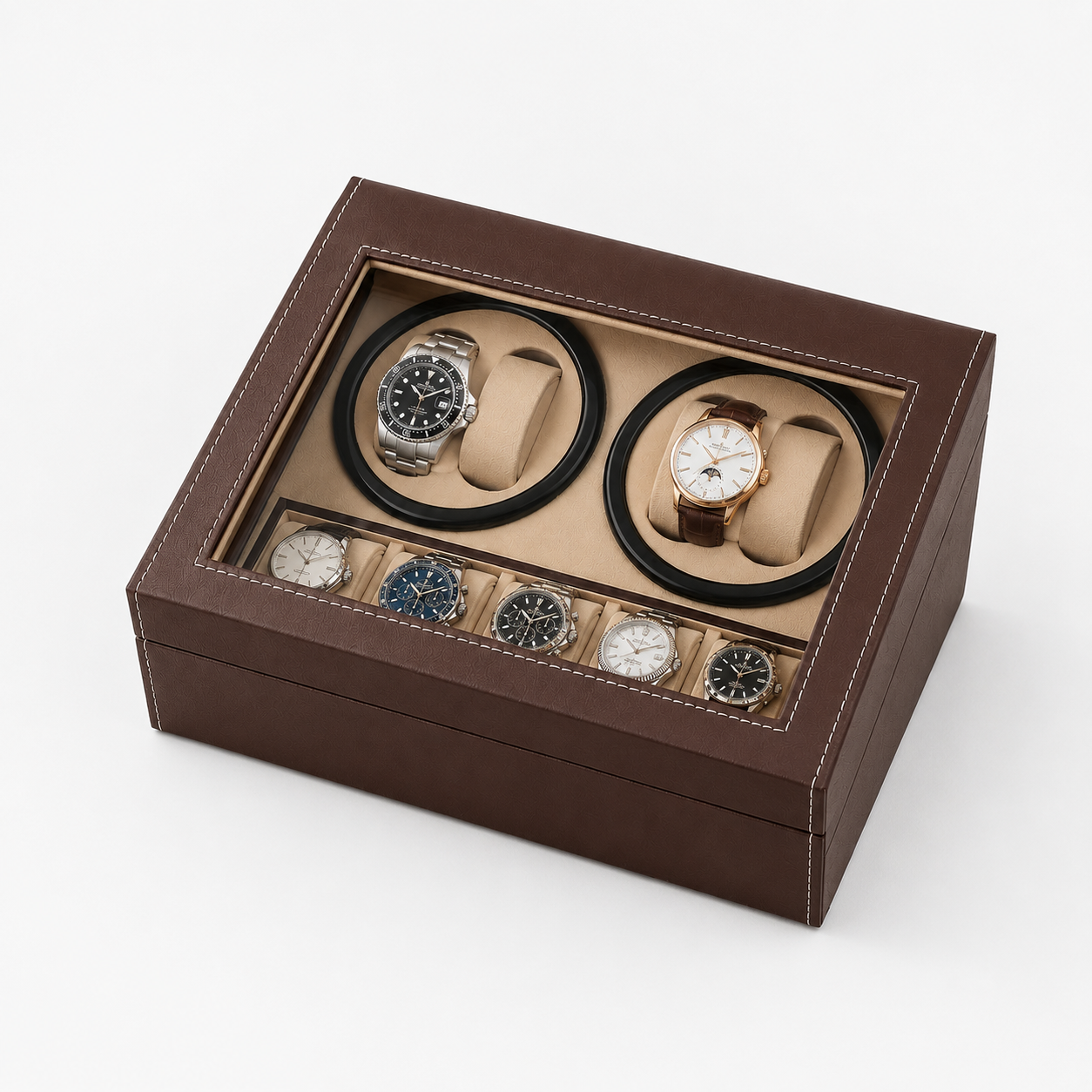 Boite a montre avec remontoir automatique marron - vue studio Image