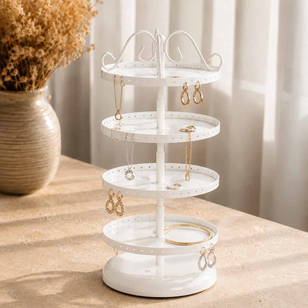 Presentoir rotatif boucles d'oreilles 4 niveaux blanc - decor vase fleurs sechees