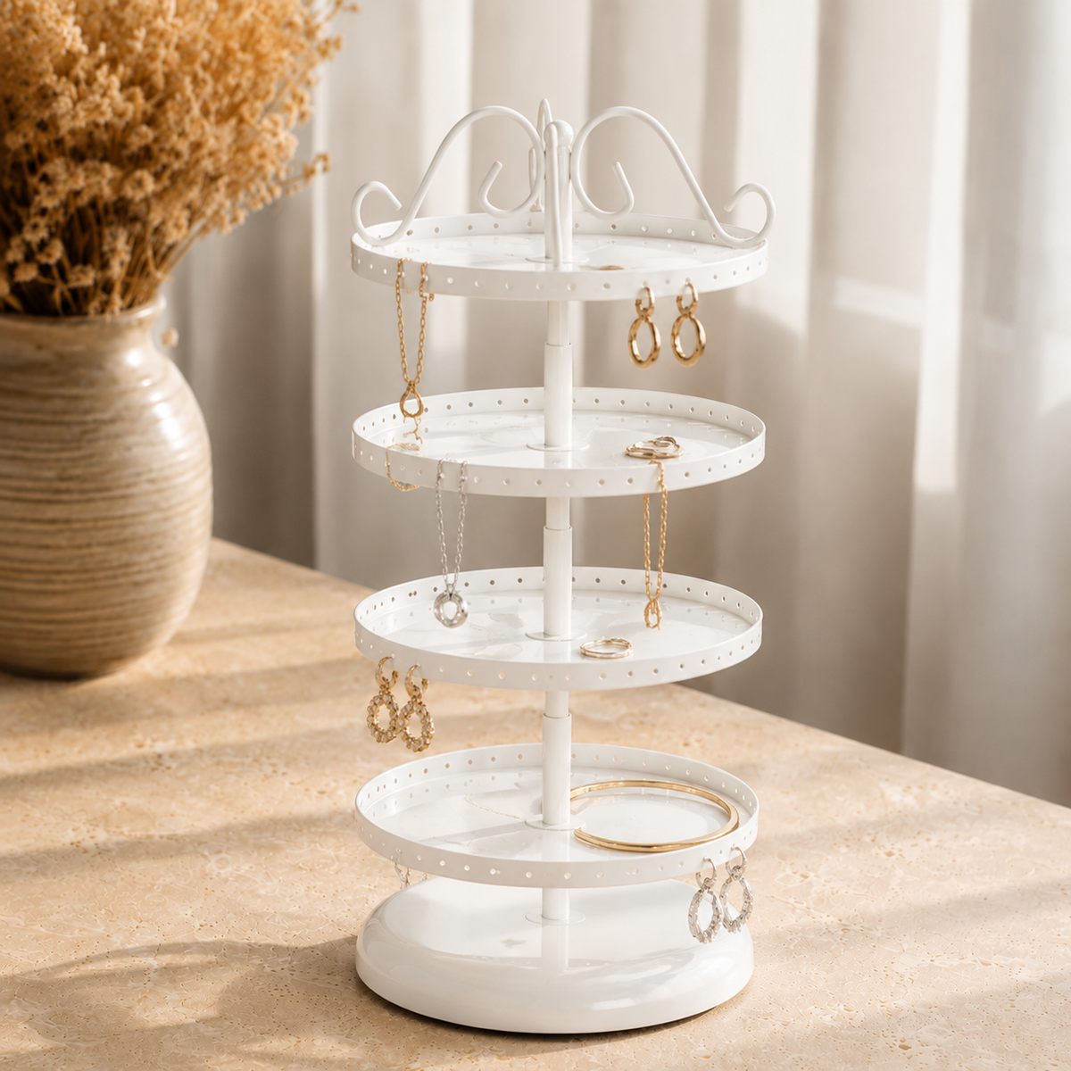 Presentoir rotatif boucles d'oreilles 4 niveaux blanc - decor vase fleurs sechees