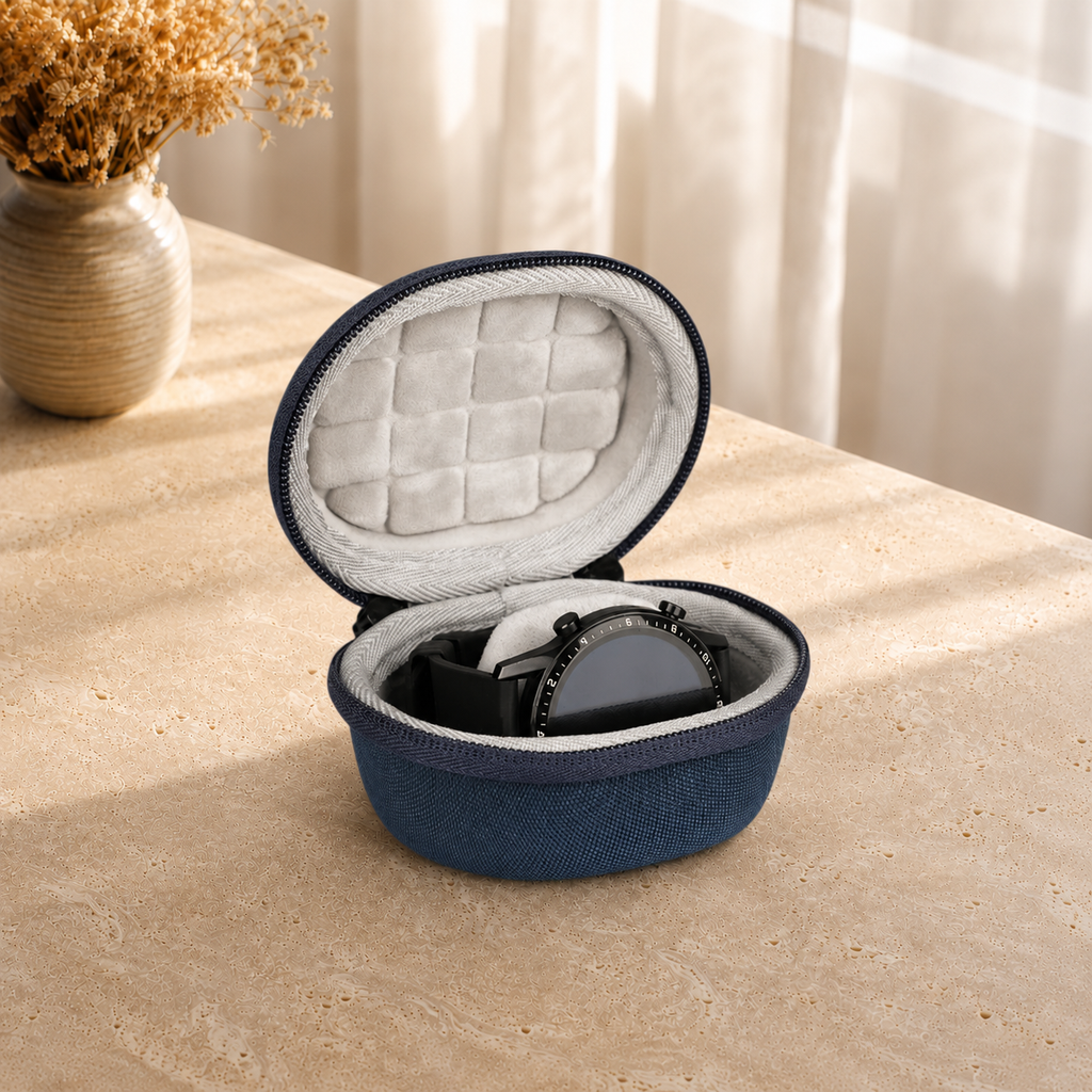 Boite a montre individuelle de transport bleu marine - decor vase fleurs sechees