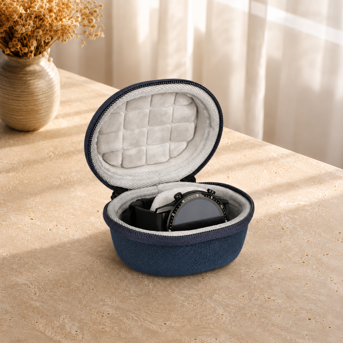 Boite a montre individuelle de transport bleu marine - decor vase fleurs sechees