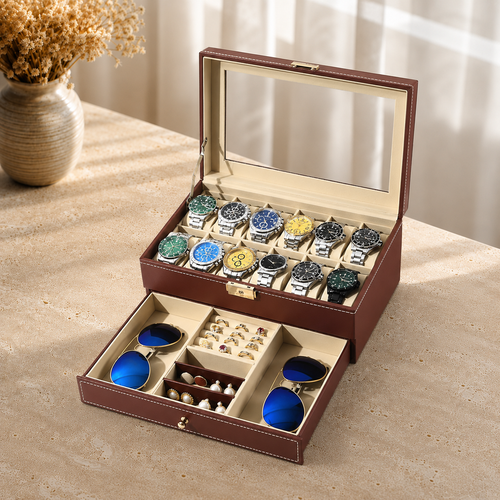 Boîte À Montres 12 Slots Cuir Premium Avec Tiroir Bijoux