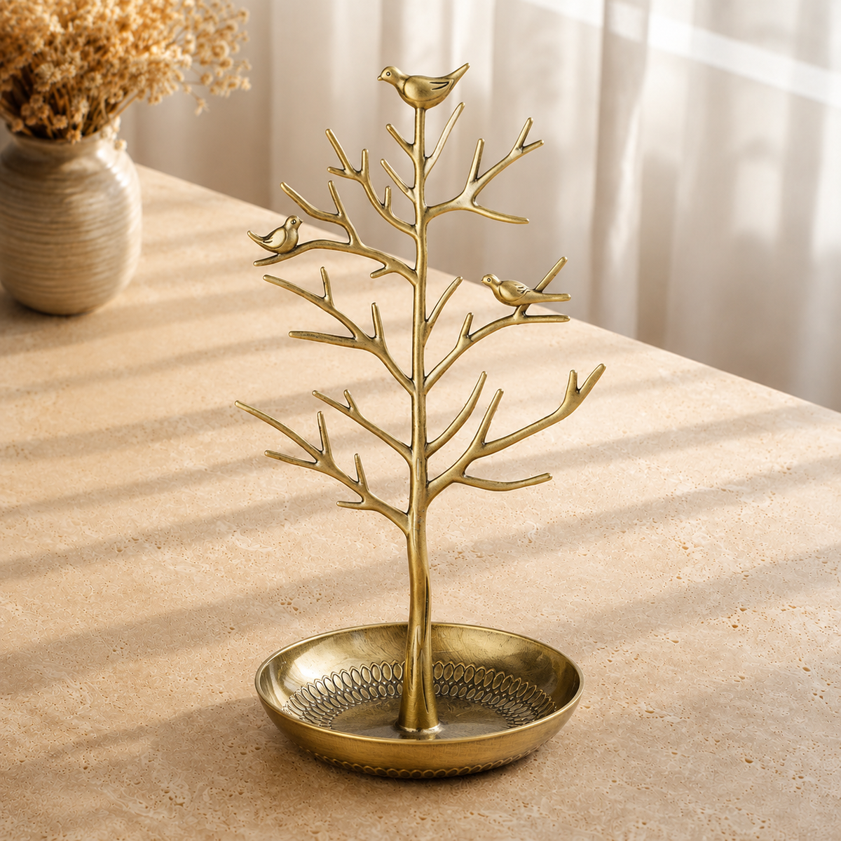 Arbre a bijoux avec oiseaux or - decor vase fleurs sechees