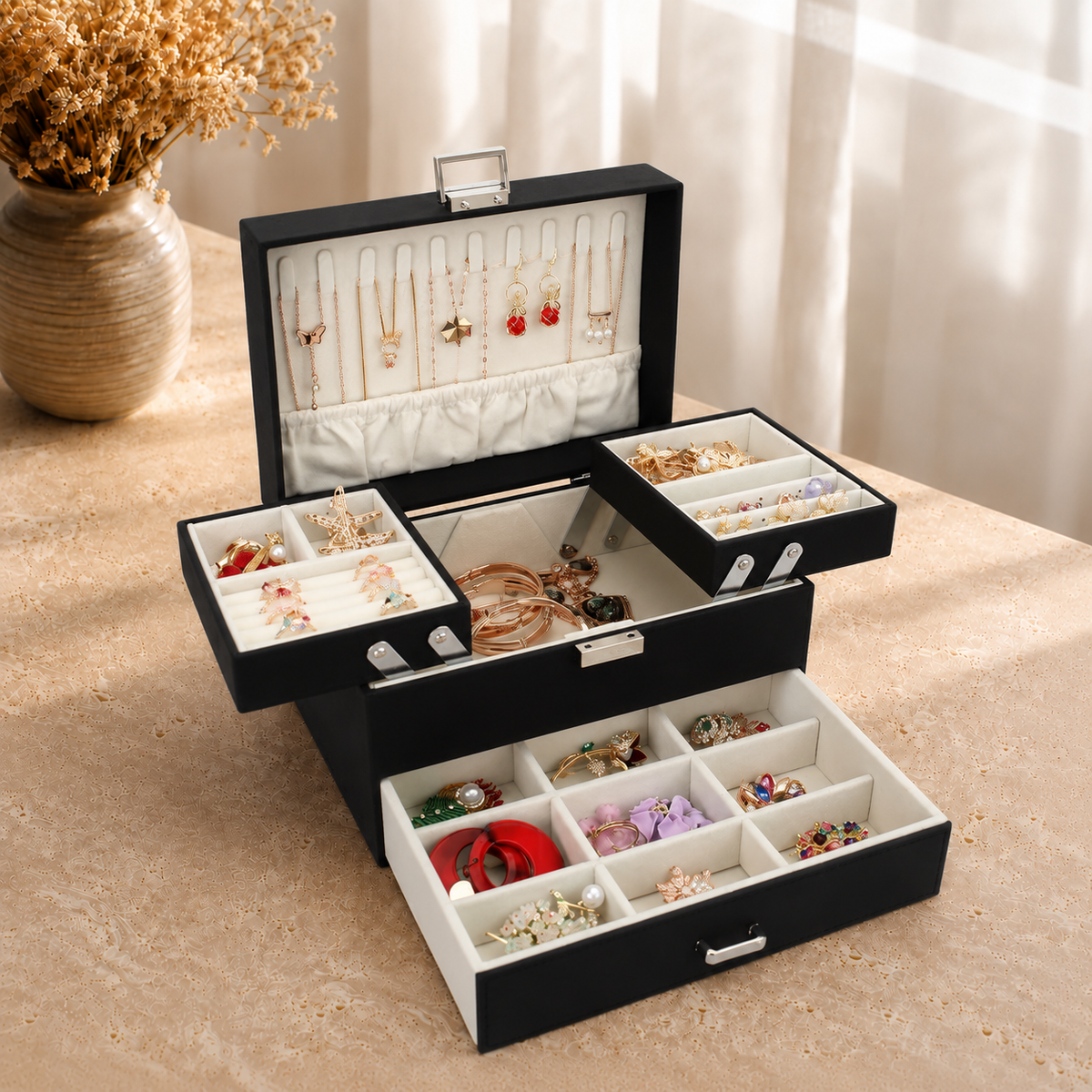Boite a bijoux multi-niveaux en cuir noir - decor vase fleurs sechees