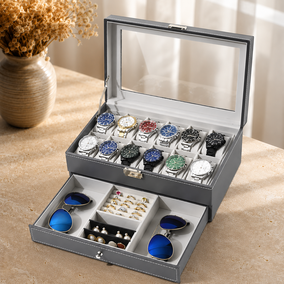 Boîte À Montres 12 Slots Cuir Premium Avec Tiroir Bijoux