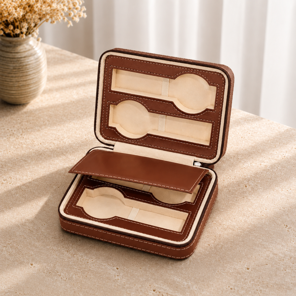 Boite a montres en cuir voyage marron 4 emplacements - decor vase fleurs sechees
