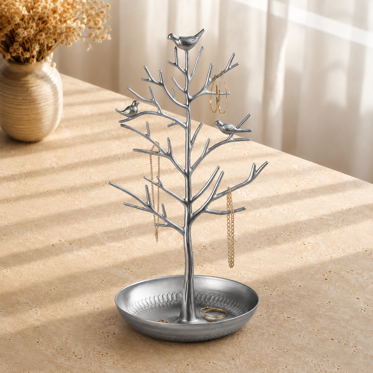 Arbre a bijoux avec oiseaux argent - decor vase fleurs sechees