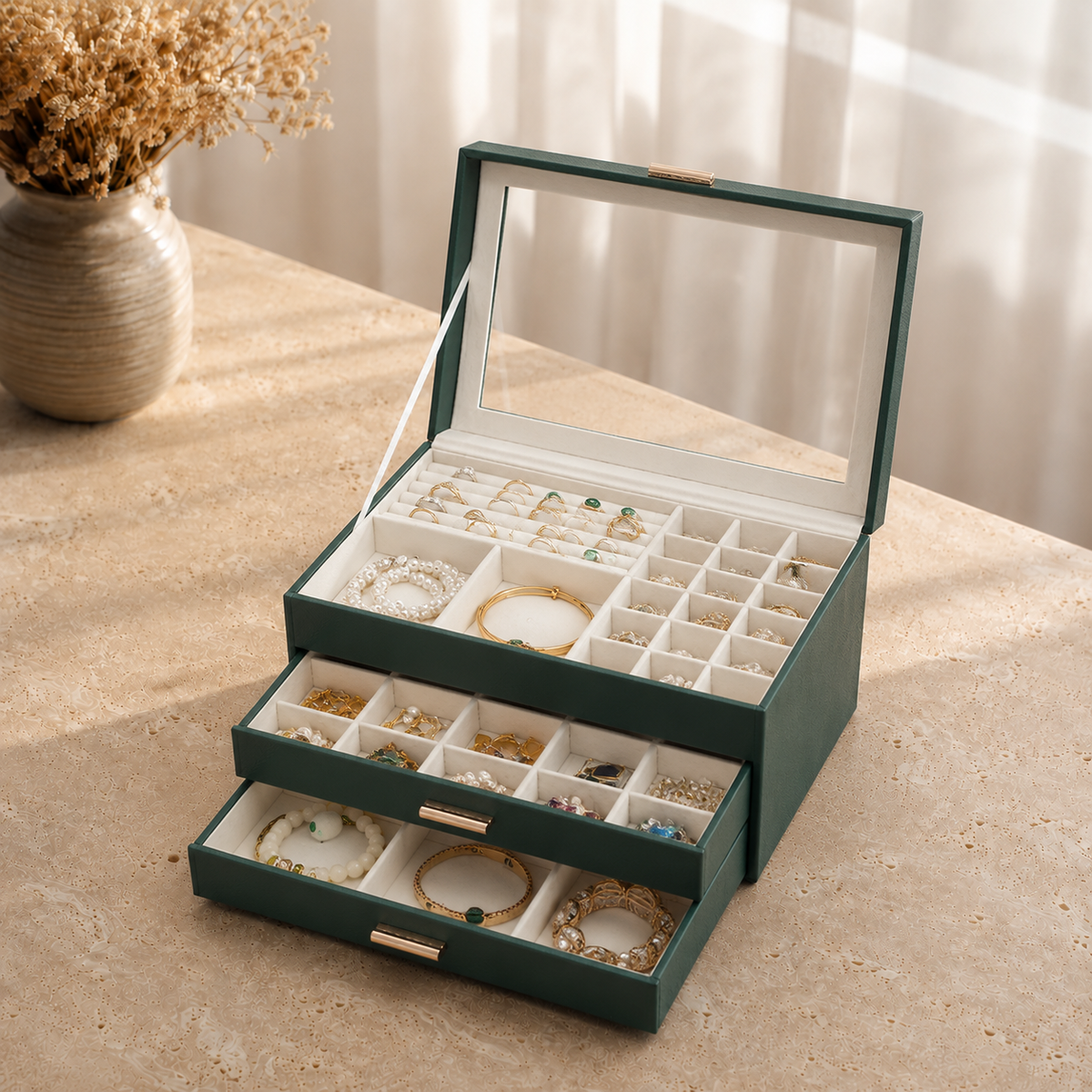 Boîte À Bijoux Cuir Raffiné 2 Tiroirs