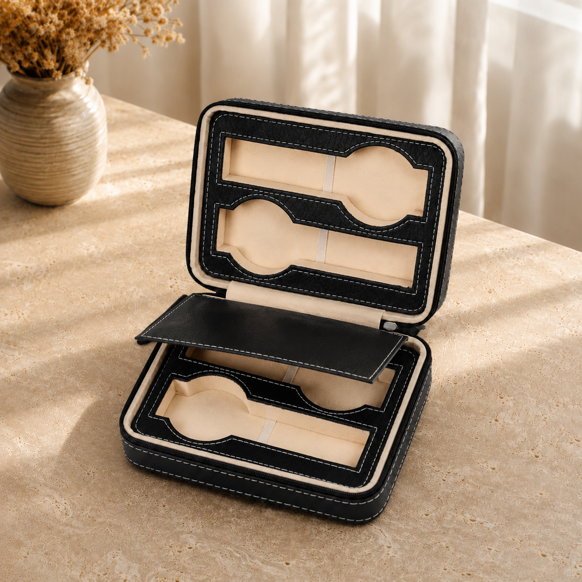 Boite a montres en cuir voyage noir 4 emplacements - decor vase fleurs sechees