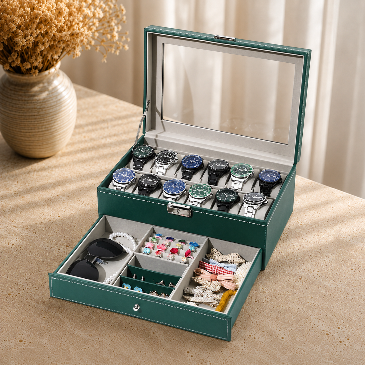 Boîte À Montres 12 Slots Cuir Premium Avec Tiroir Bijoux