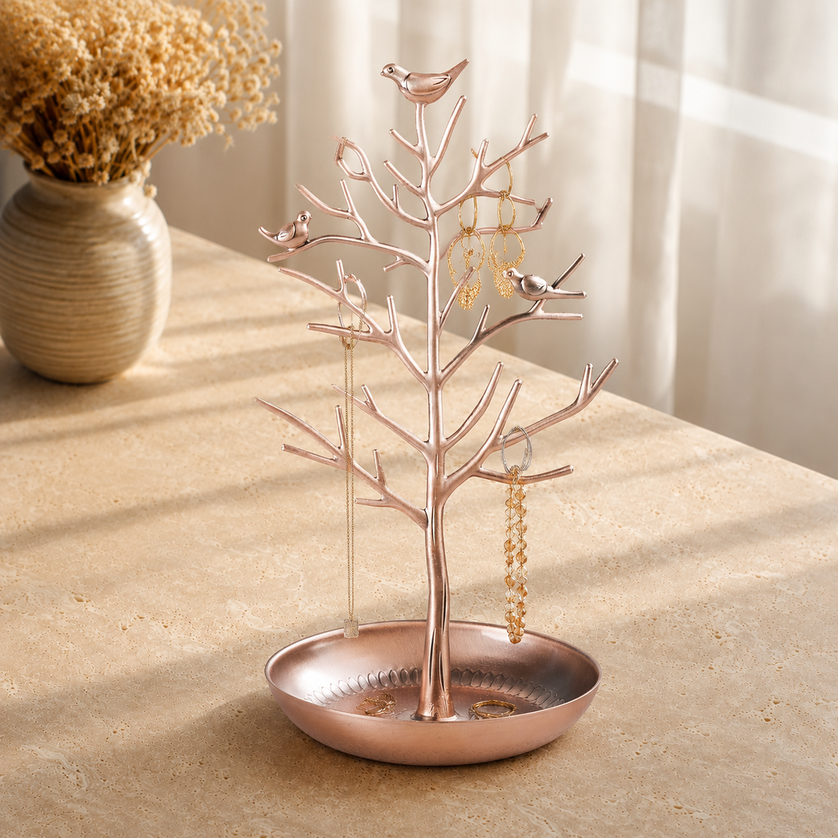 Arbre a bijoux avec oiseaux bronze - decor vase fleurs sechees