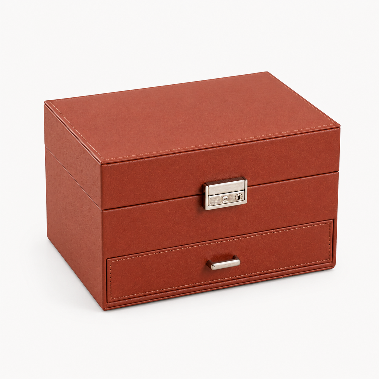 Boite a bijoux multi-niveaux en cuir marron - vue studio Image